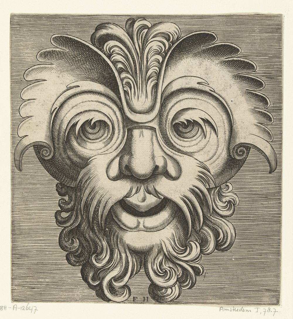 Masker met baard en snor met krullen, een toef krullen rust op de neuswortel (1555) by Frans Huys, Cornelis Floris II and…