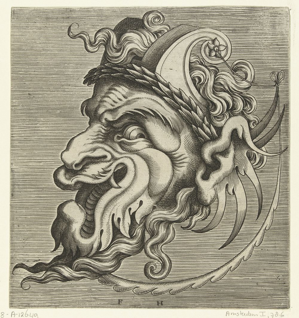 Masker en profil met twee horens van rolwerk en een lauwerkrans (1555) by Frans Huys, Cornelis Floris II and Hans Liefrinck…