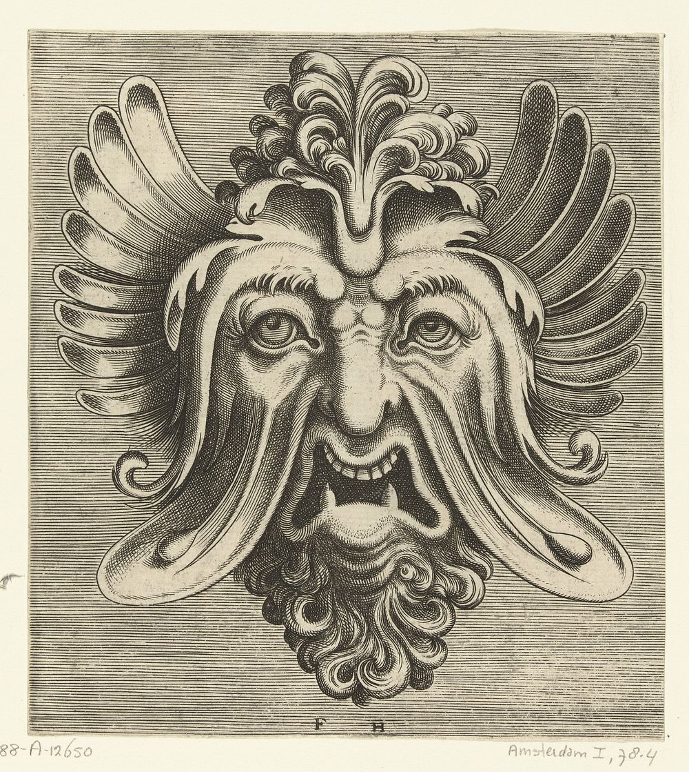 Masker met uitgezakte wangen, twee spitse ondertanden en een toef krullen rustend op de neuswortel (1555) by Frans Huys…