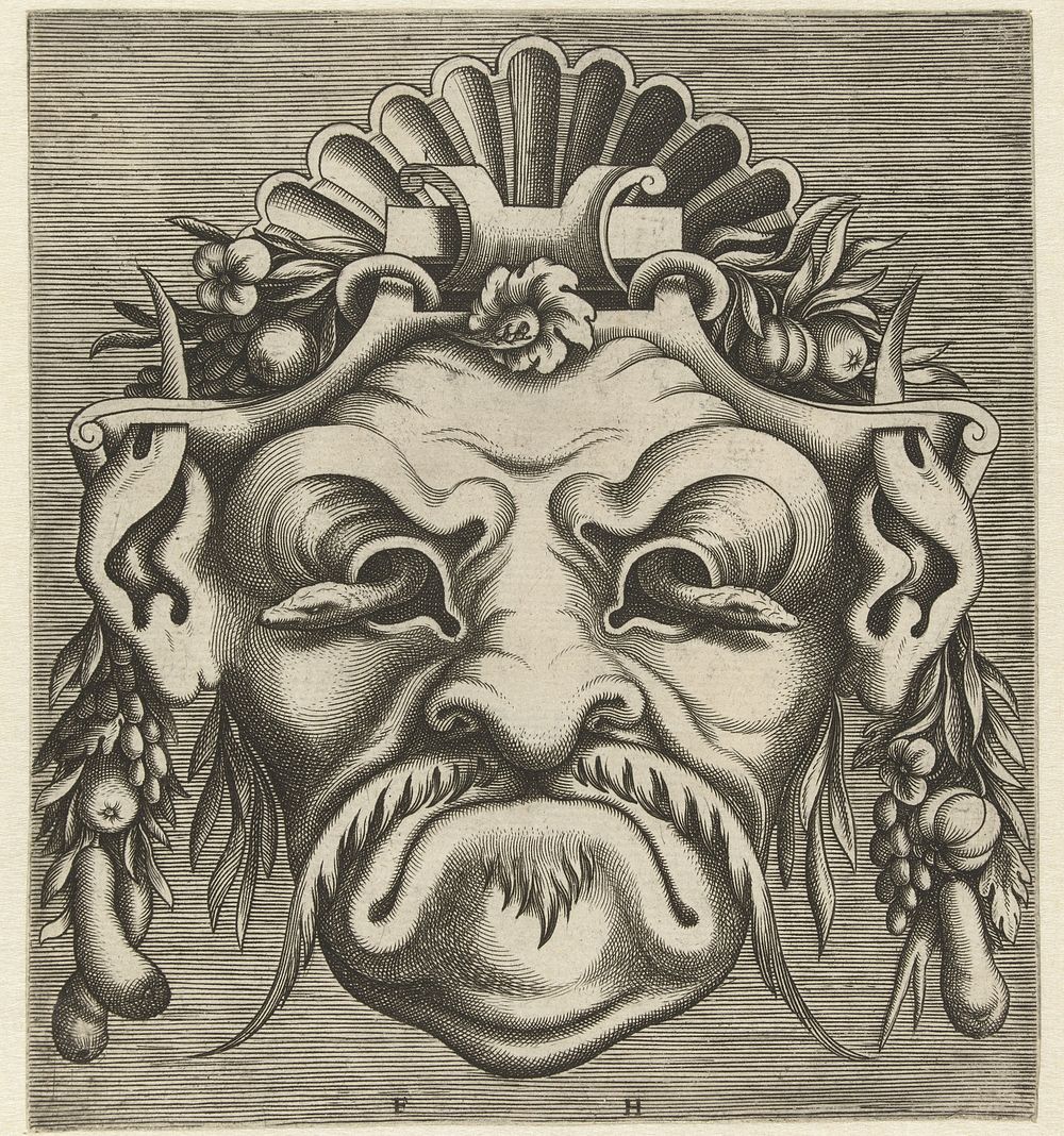Masker met twee slangen die uit de oogkassen kijken (1555) by Frans Huys, Cornelis Floris II and Hans Liefrinck I