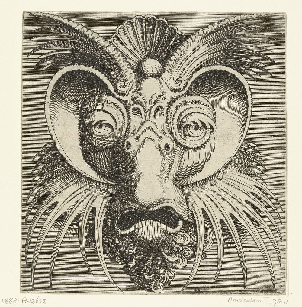 Masker met schotels rond de ogen en spits getande kuiven op de wangen en het voorhoofd (1555) by Frans Huys, Cornelis Floris…
