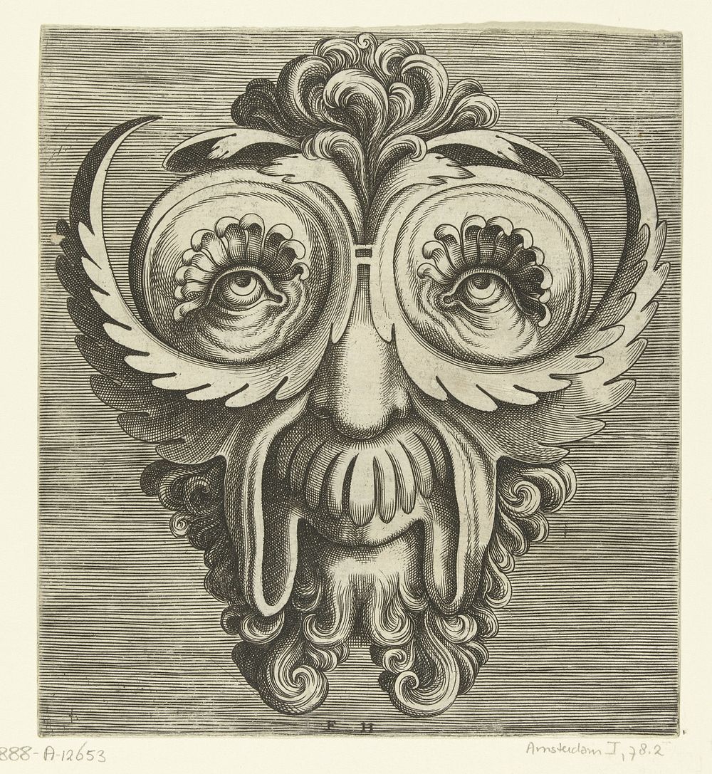 Masker met bladvormige jukbeenderen, schotelvormige oogkassen en een toef krullen midden op het hoofd (1555) by Frans Huys…