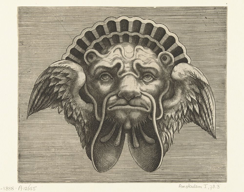 Masker met vleugels in plaats van oren en een hoofdtooi in de vorm van een schelp (1555) by Frans Huys, Cornelis Floris II…