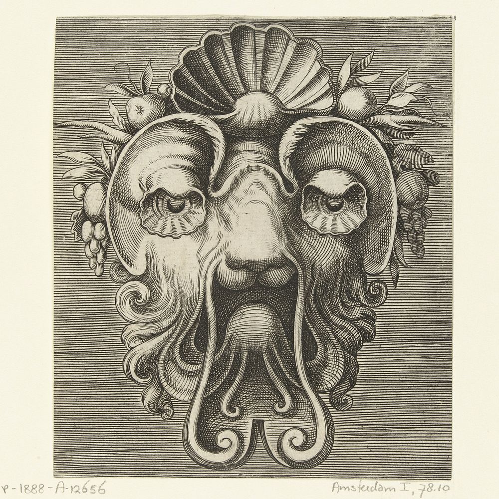 Masker met schelpvormige ogen en een schelp tussen vruchtentrossen op het voorhoofd (1555) by Frans Huys, Cornelis Floris II…