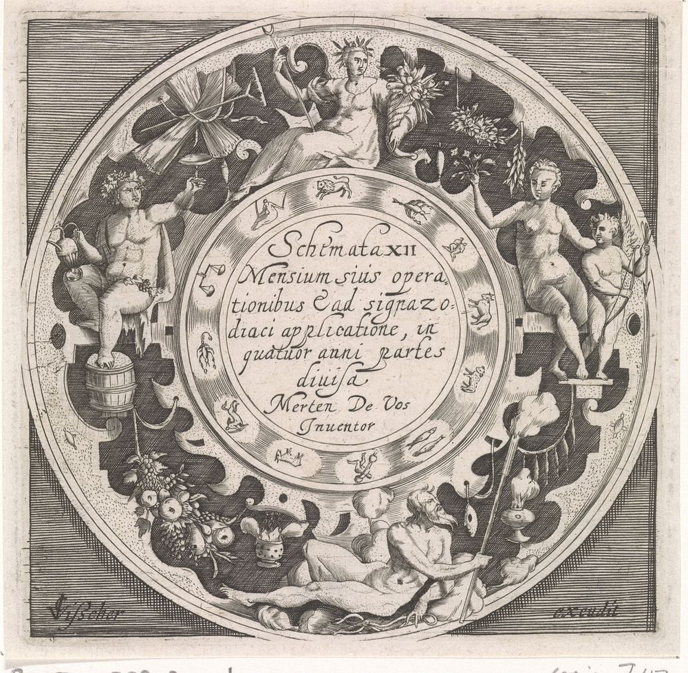 Medaillon met de twaalf tekens van de dierenriem (1574 - 1687) by anonymous, Crispijn van de Passe I, Maerten de Vos and…