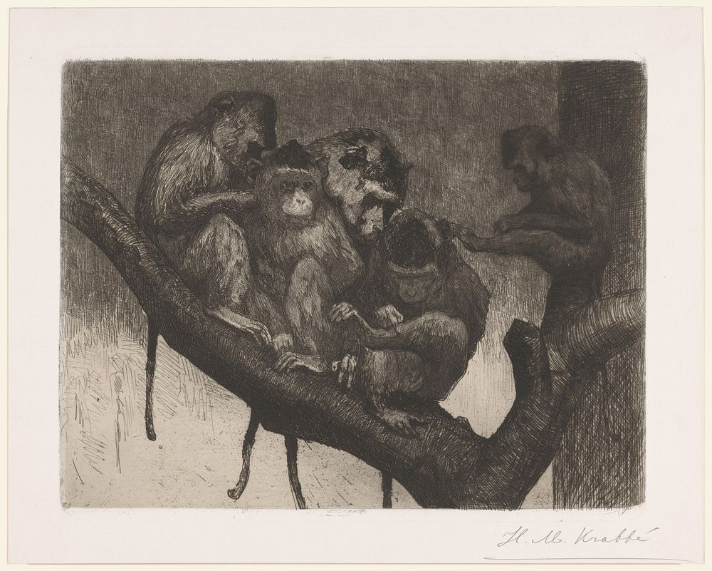 Vijf apen in een boom (1878 - 1888) by Heinrich M Krabbé