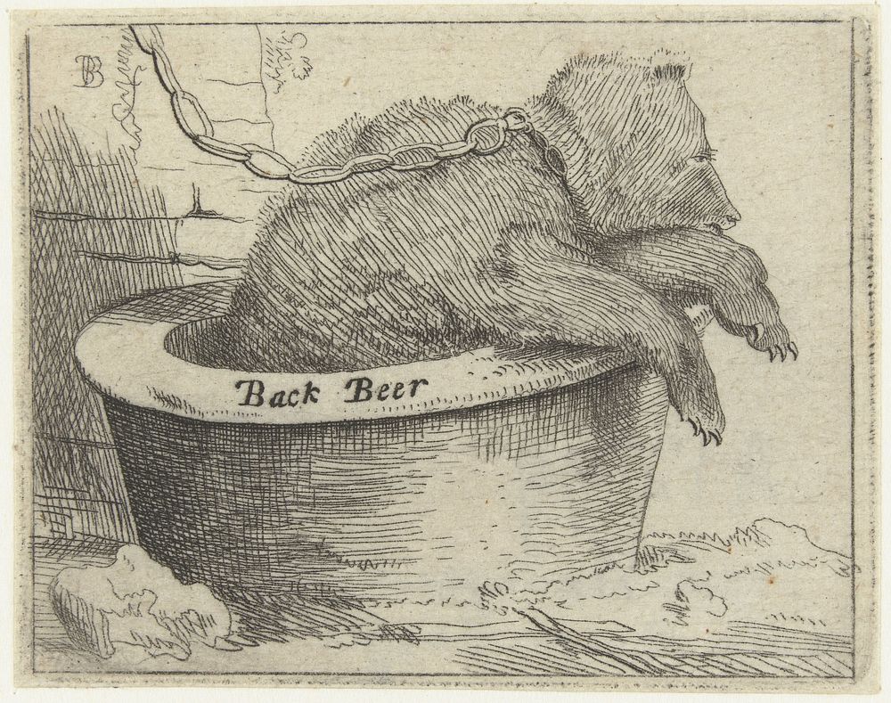 Naamkaartje Back Beer met een beer in een trog of bak (1812 - 1851) by Benjamin Phelps Gibbon and Bartholomeus Breenbergh