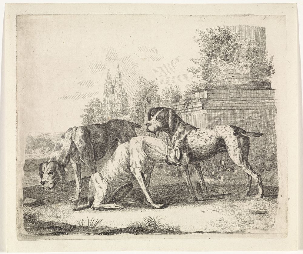 Drie honden aan de voet van een zuil (1806 - 1867) by William Bikker Top