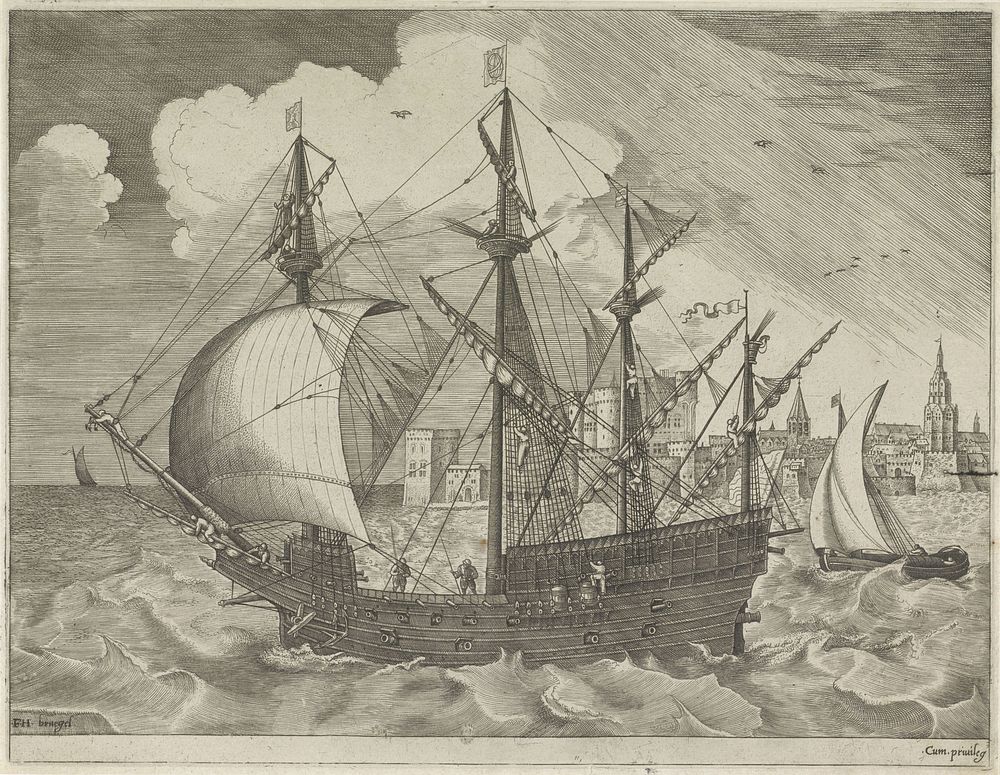 Viermaster verlaat de haven (1561 - 1565) by Frans Huys and Pieter Bruegel I
