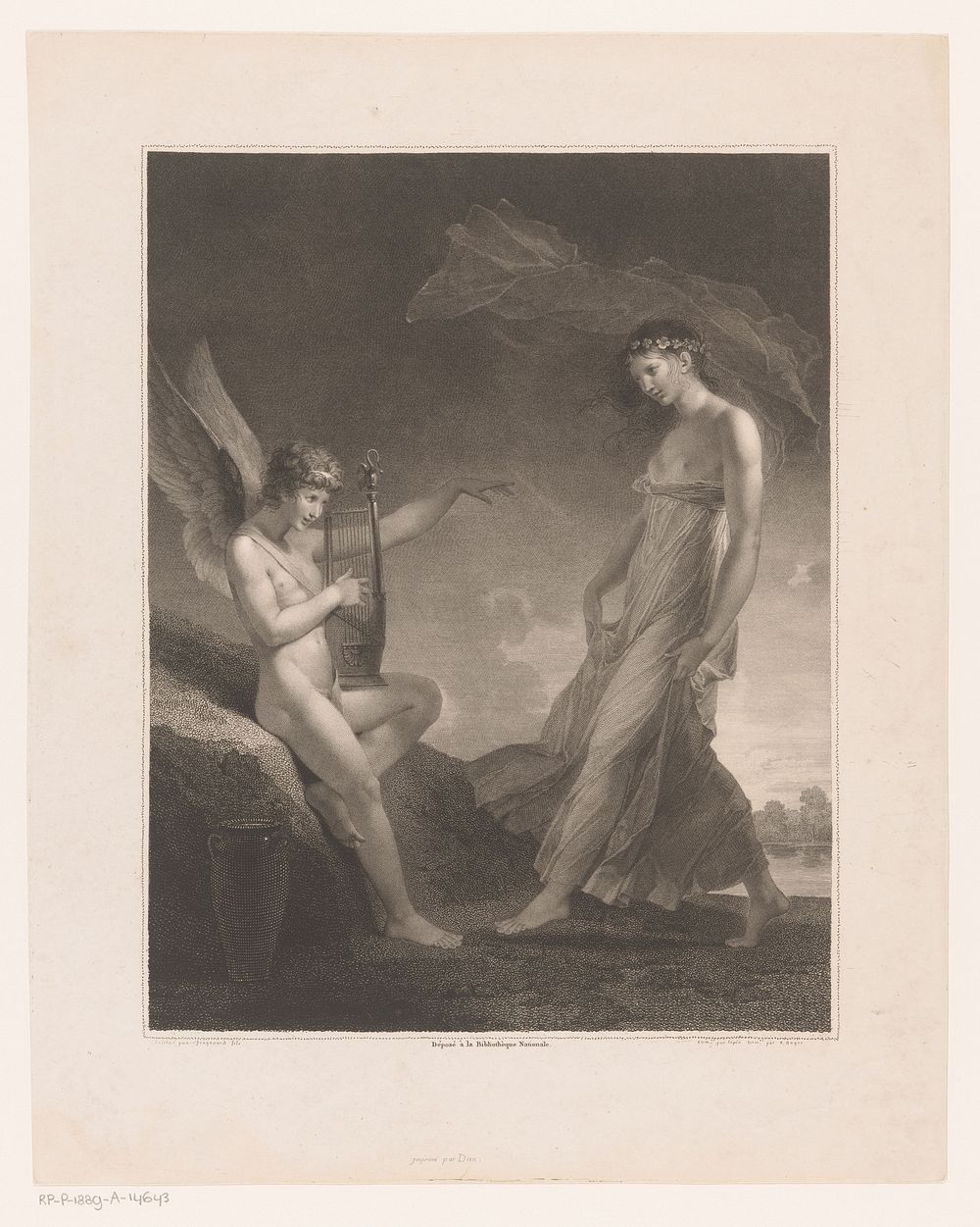 Cupido met harp geeft een jonge vrouw dansles (1797 - 1840) by Barthélémy Joseph Fulcran Roger, Jacques Louis Copia…