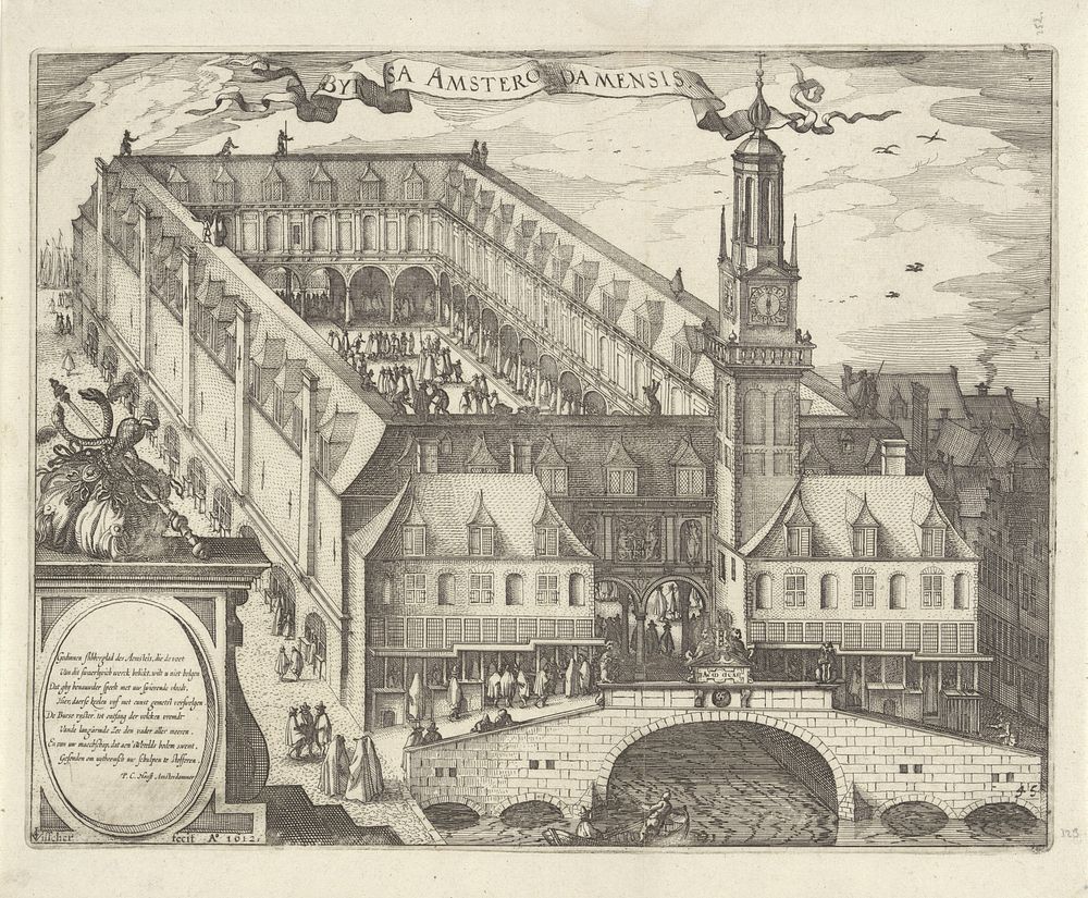 Vogelvluchtgezicht op de Beurs van Hendrik de Keyser te Amsterdam (1612 - 1648) by Claes Jansz Visscher II, Pieter…