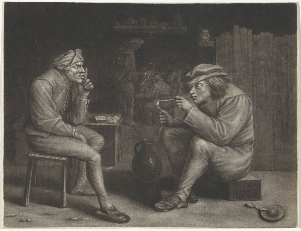 Kroegscène met man die pijp aansteekt (1659 - 1740) by Jan van der Bruggen