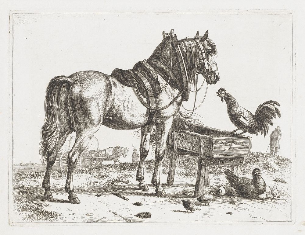 Paard bij een voederbak (1854) by Abraham Hendrik Winter