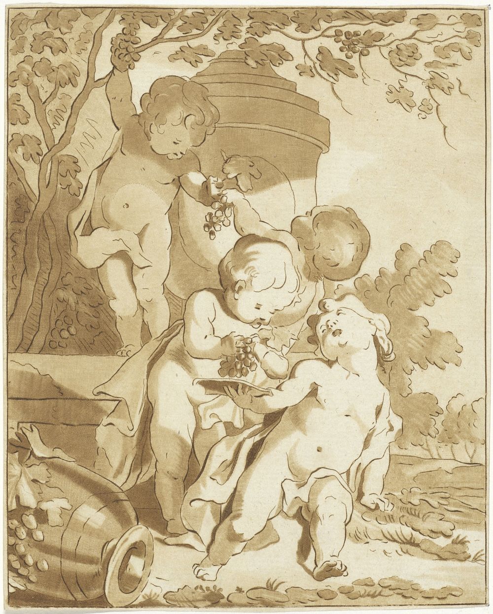 Vier druiven plukkende putti bij een vaas (1767 - 1780) by Bernhard Schreuder and Jacob de Wit