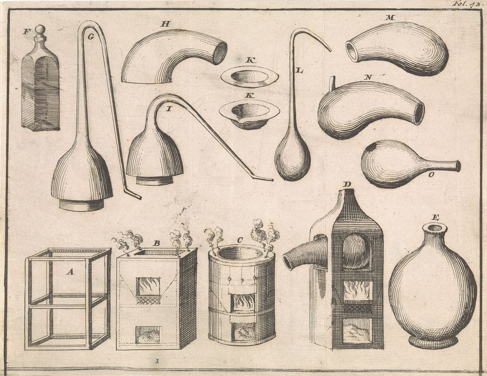 Verschillende afbeeldingen van fornuizen en retorten, A-O (1696) by Jan Luyken and Timotheus ten Hoorn