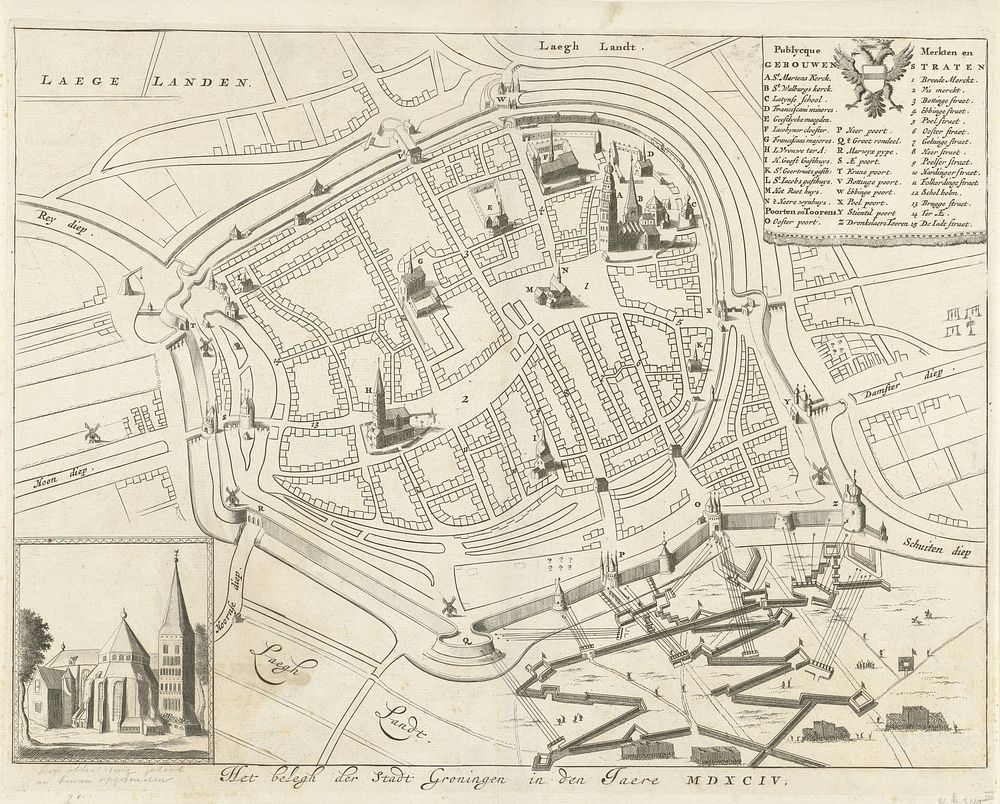 Plattegrond van de stad Groningen tijdens het beleg van 1594 (1681) by Jan Luyken, weduwe Joannes van Someren, Abraham…