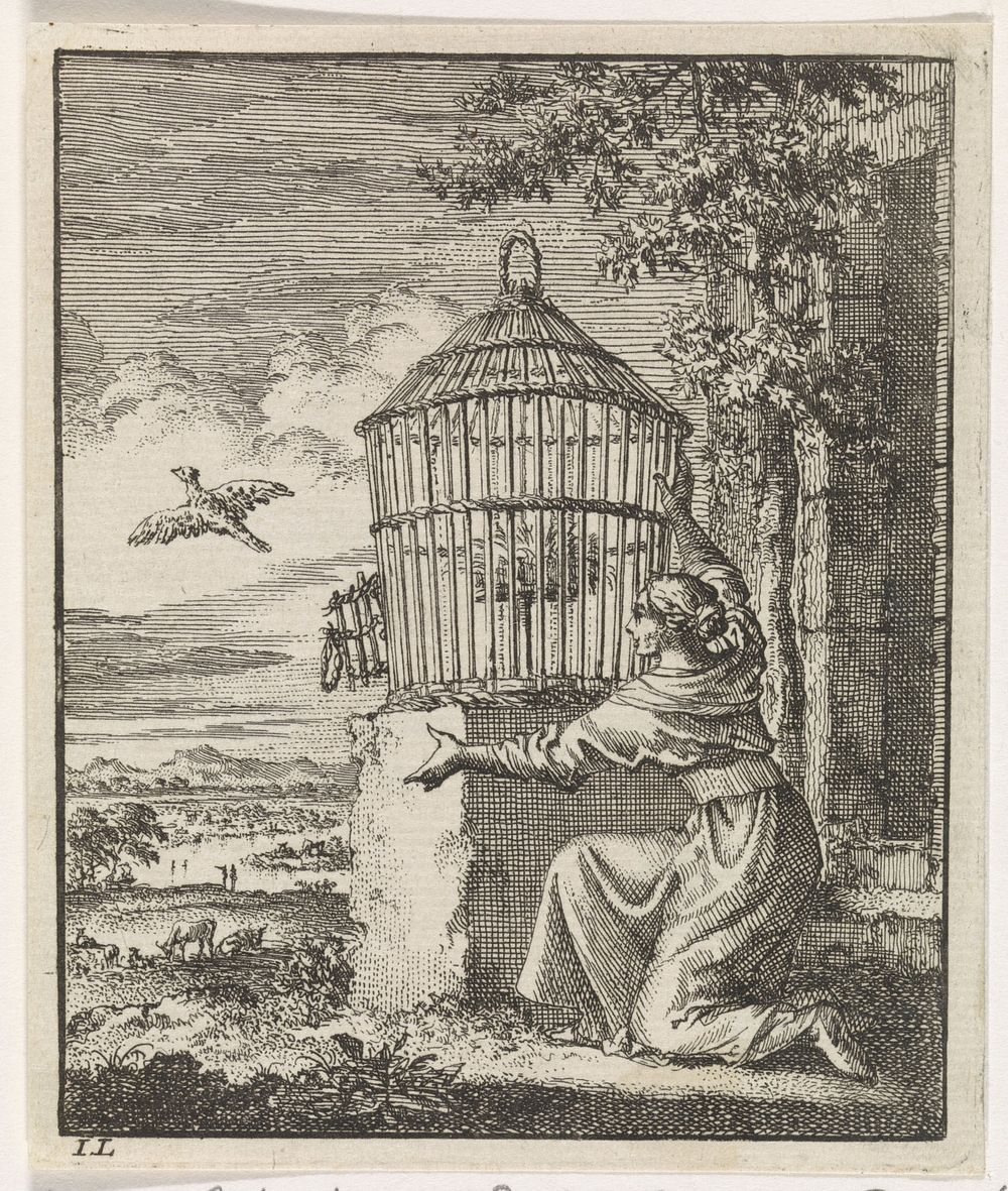 Vrouw bevrijdt een vogel uit een kooi (1704) by Jan Luyken, weduwe Pieter Arentsz II and Cornelis van der Sys