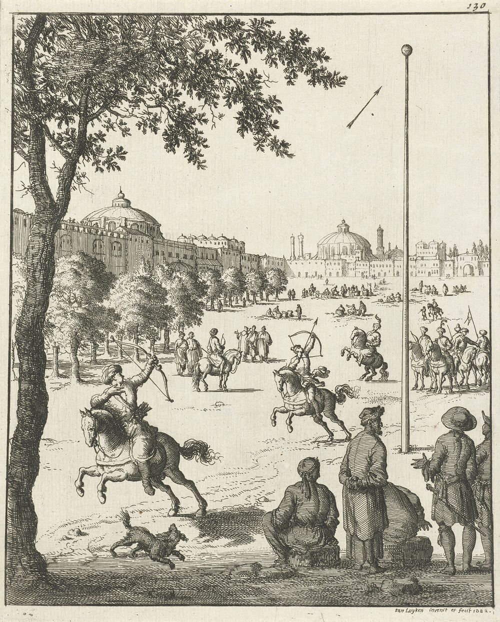 Schietoefeningen van Perzen te paard met pijl en boog (1682) by Jan Luyken, Jan Luyken and Jan Bouman