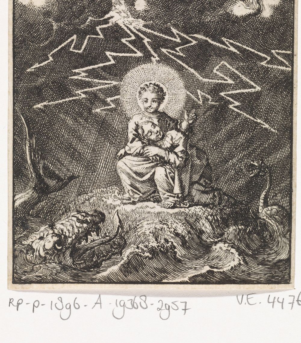Gepersonifieerde ziel slapend op Christus' schoot tijdens onweer en storm (1714) by Jan Luyken