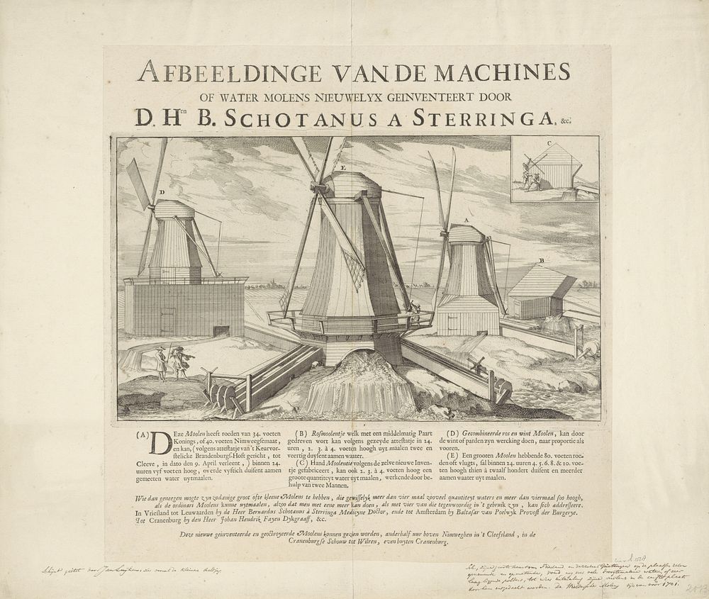 Vier watermolens te Kleef (1695) by Caspar Luyken