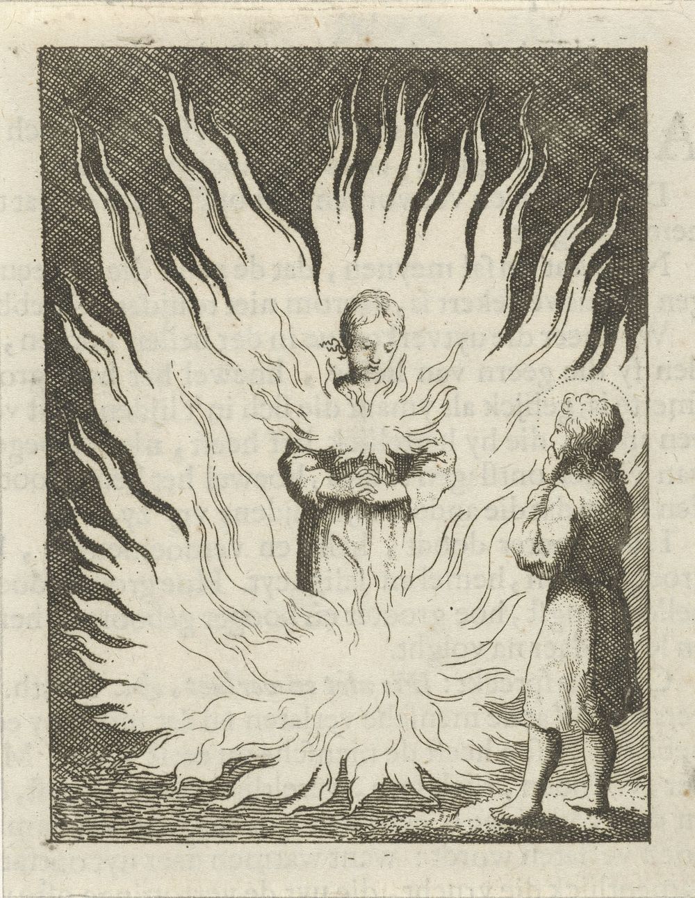 Christus aanschouwt de gepersonifieerde ziel die door vlammen wordt omringd (1678 - 1687) by Jan Luyken and Pieter Arentsz II