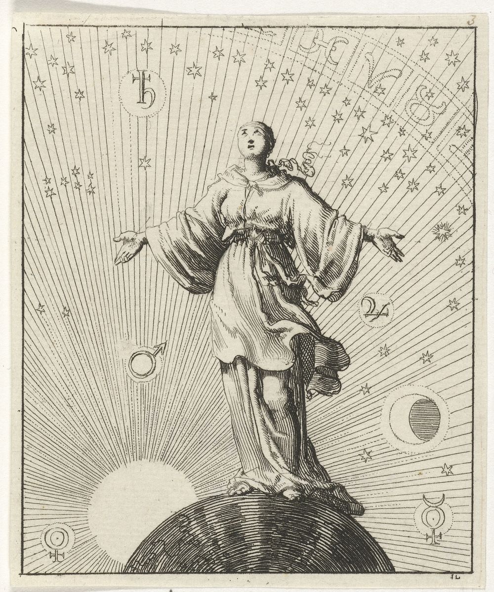 Vrouw staande op een wereldbol, omgeven door de zon, maan, sterren en planeten (1687) by Jan Luyken and Pieter Arentsz II