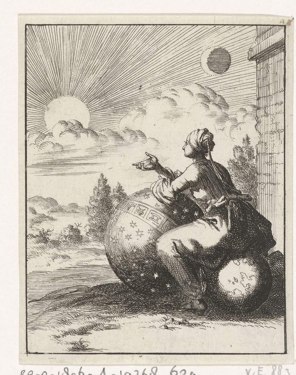Vrouw bekijkt, zittend op een wereldbol en steunend op een hemelglobe, de ondergaande zon (1687) by Jan Luyken and Pieter…