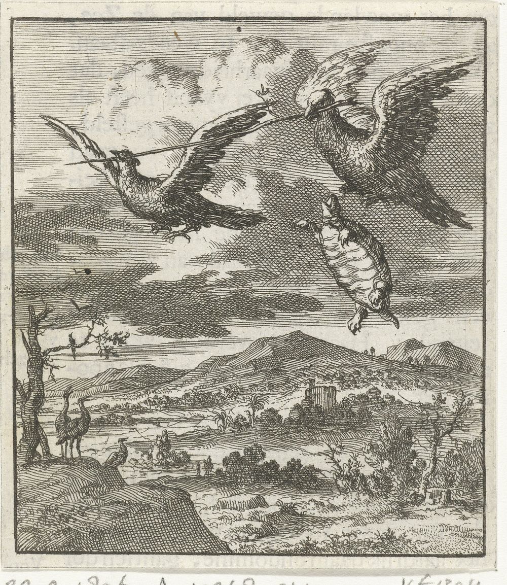 Twee vogels dragen samen al vliegend een stok waar een schildpad zich aan vasthield (1693) by Jan Luyken and Aart Wolsgrein