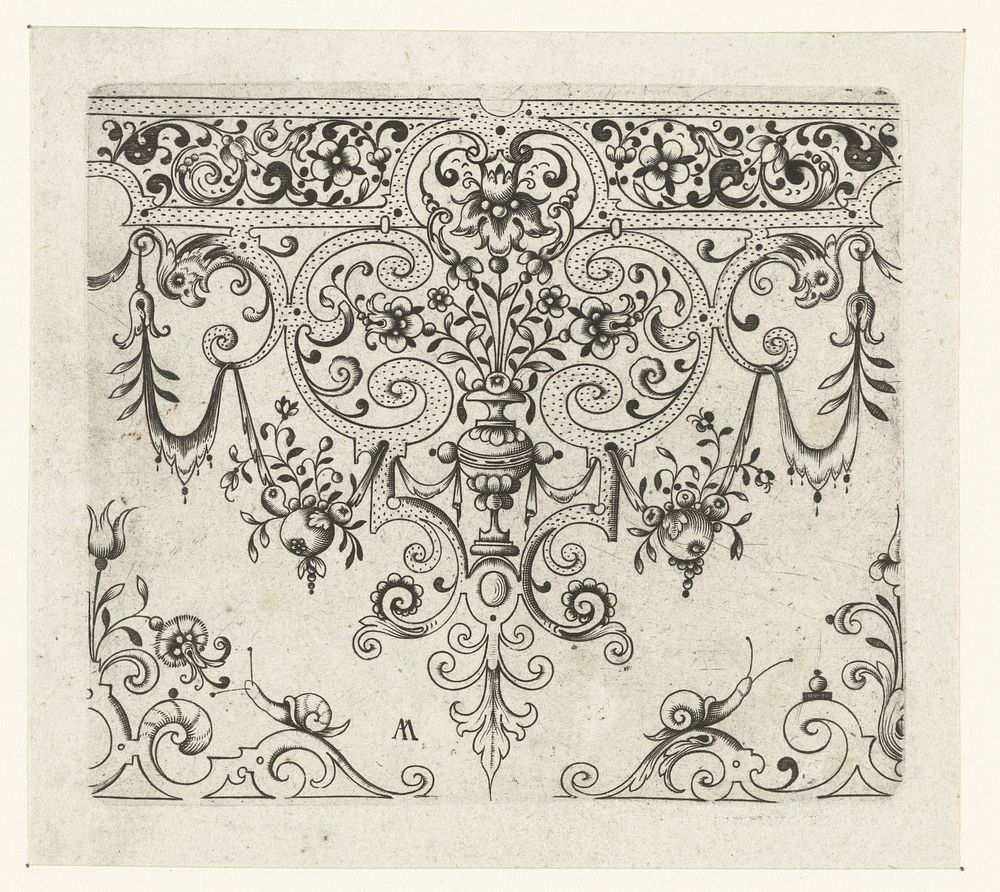 Spits met bloemenvaas tussen gestippelde voluten (c. 1611) by Adriaen Muntinck, Adriaen Muntinck and Adriaen Muntinck