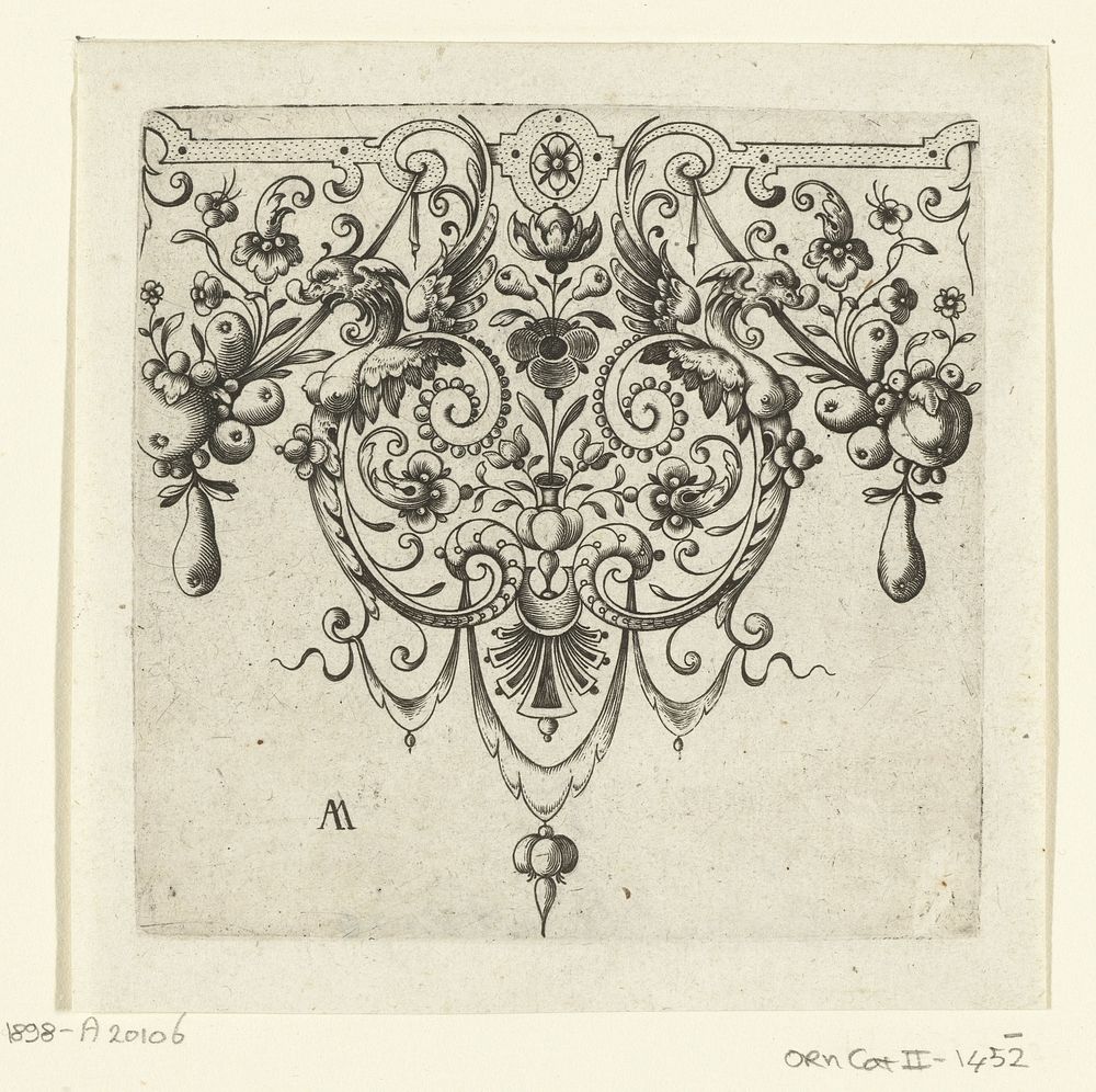 Spits met bloemenvaas, draken en fruittrofeeën (c. 1675 - c. 1700) by Laurent Jansz Micker, Adriaen Muntinck and anonymous
