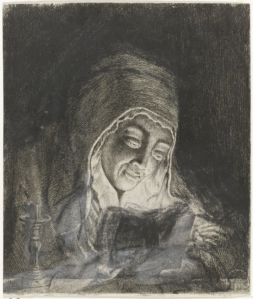 Lezende vrouw bij kaarslicht (1746 - 1793) by Theodorus de Roode