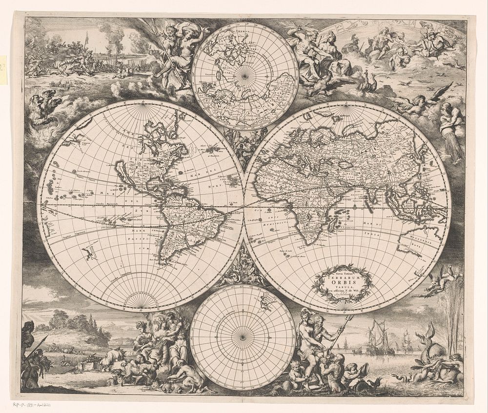 Wereldkaart met een allegorie op de vier elementen (1663 - 1710) by Romeyn de Hooghe and Frederik de Wit