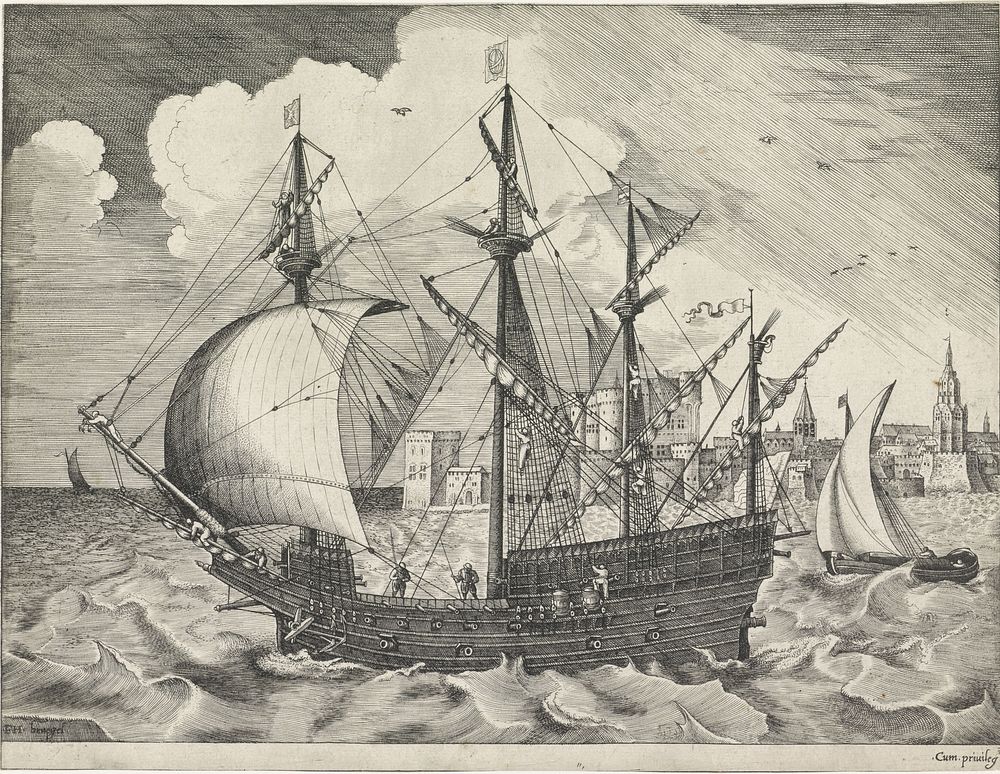 Viermaster verlaat de haven (1561 - 1565) by Frans Huys and Pieter Bruegel I