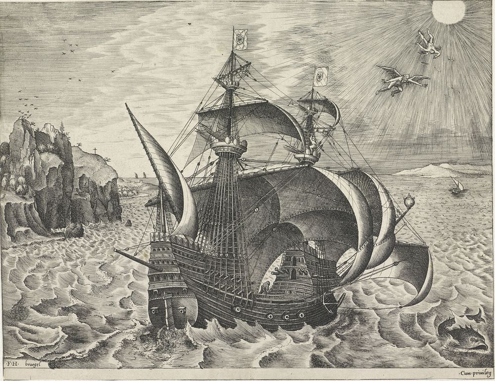 Zeilschip met de val van Icarus (1561 - 1565) by Frans Huys and Pieter Bruegel I