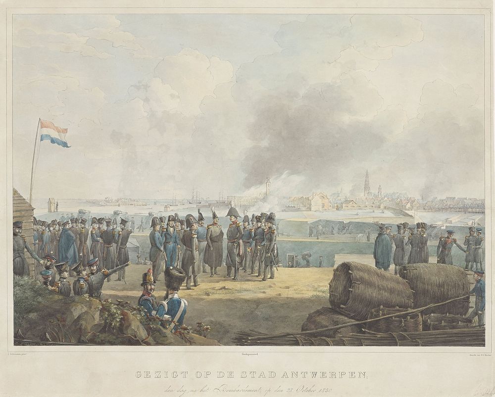 Gezigt op de stad Antwerpen, den dag na het Bombardement, op den 28 October 1830 (in or after 1832) by Hilmar Johannes…