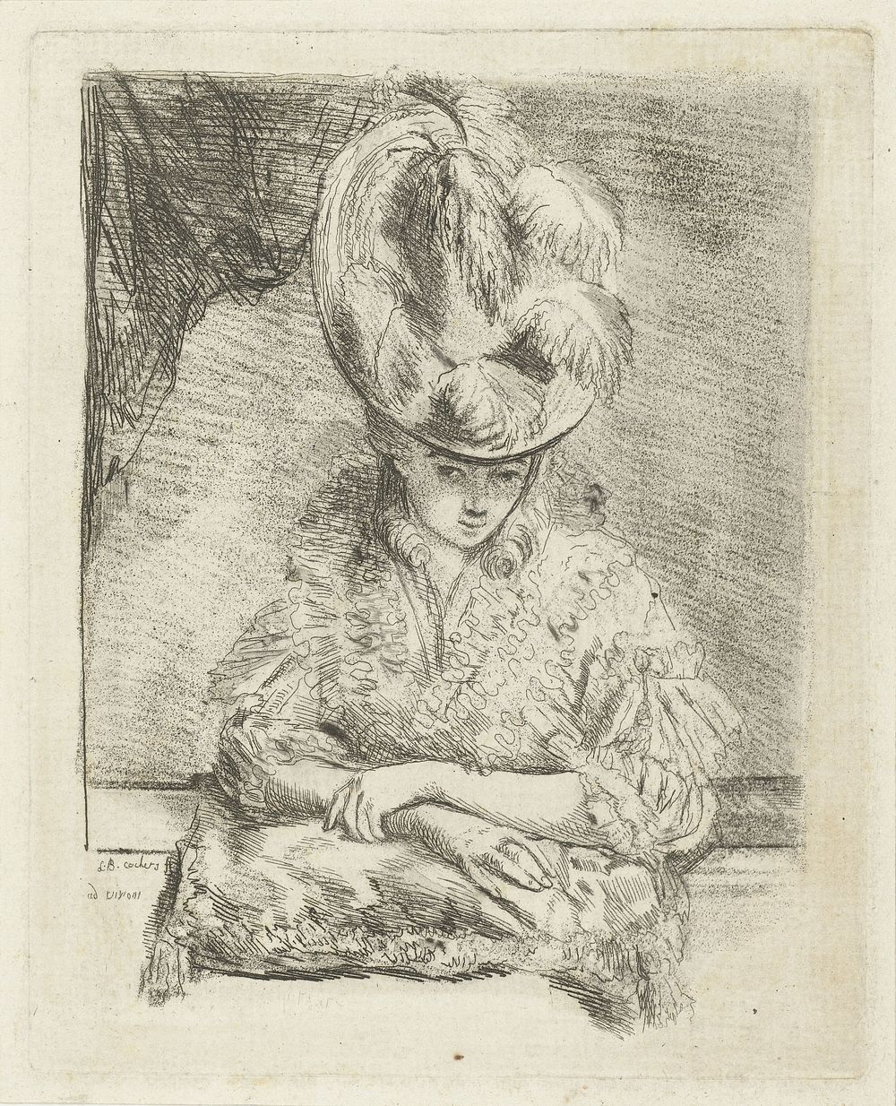Portret van een jonge vrouw met hoed die uit het raam kijkt (1756 - 1817) by Louis Bernard Coclers
