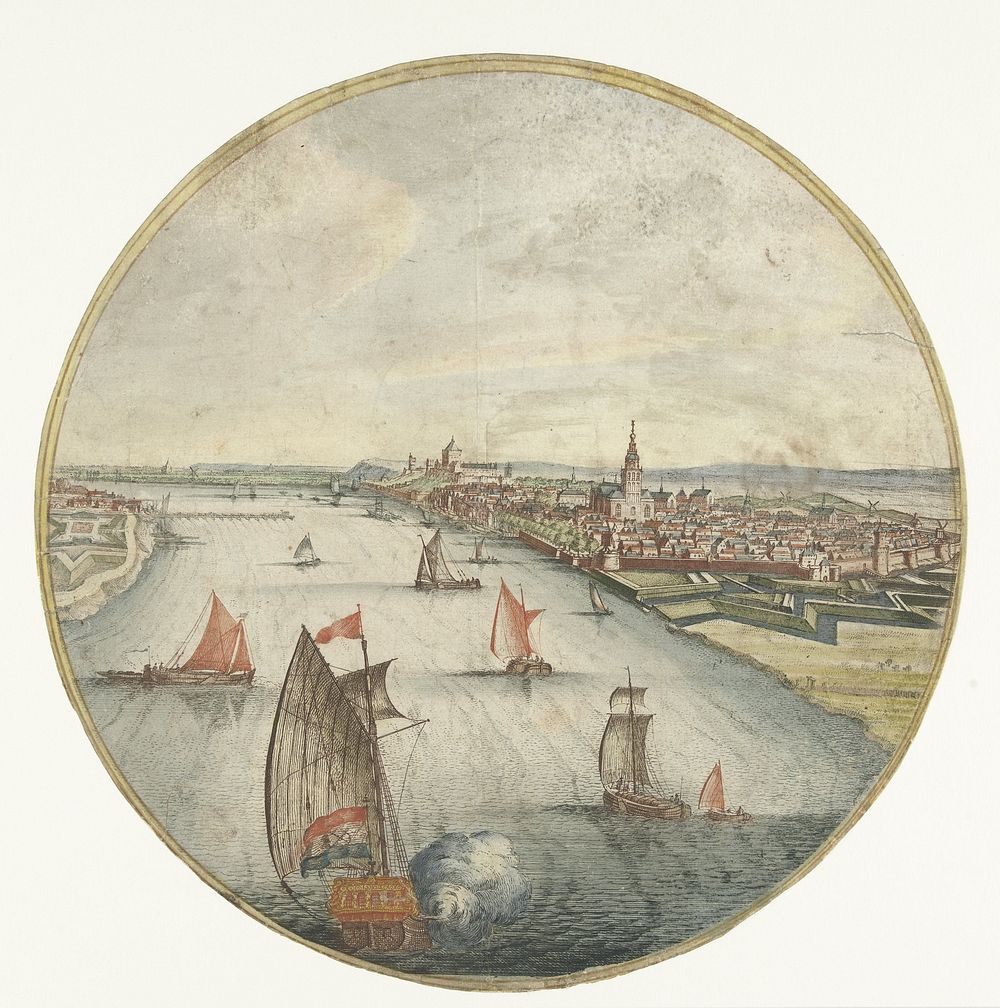 Gezicht op Nijmegen met de Waal en de Valkhofburcht (1688 - 1706) by Jan van Call I and Jan van Call I