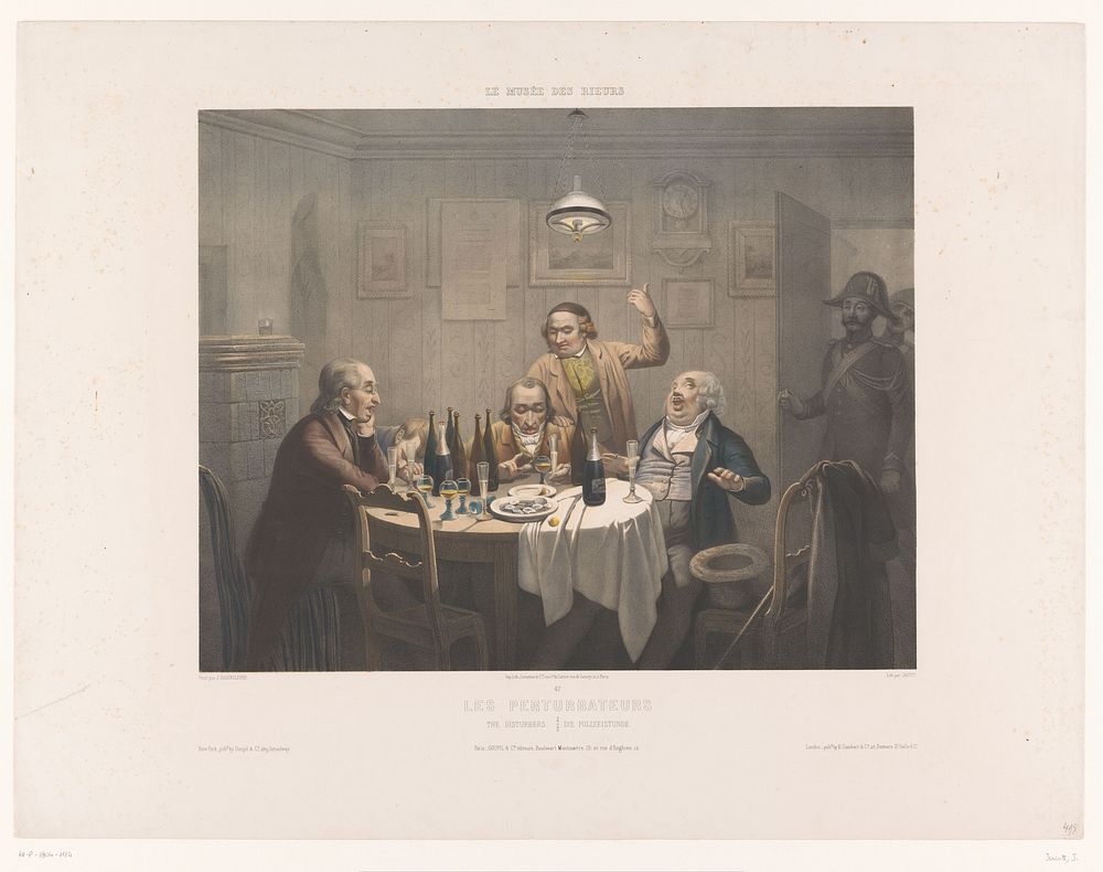 Politie onderbreekt een gezelschap drinkende mannen (1848 - 1851) by Jean Julien Jacott, Johann Peter Hasenclever, Jacomme…