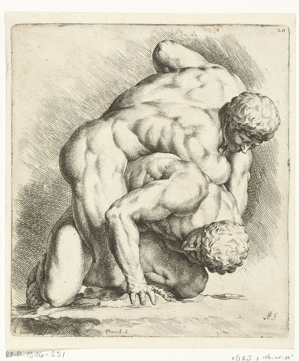 Twee worstelende mannen (c. 1663 - in or after 1668) by Jan de Bisschop, anonymous and Willem Doudijns