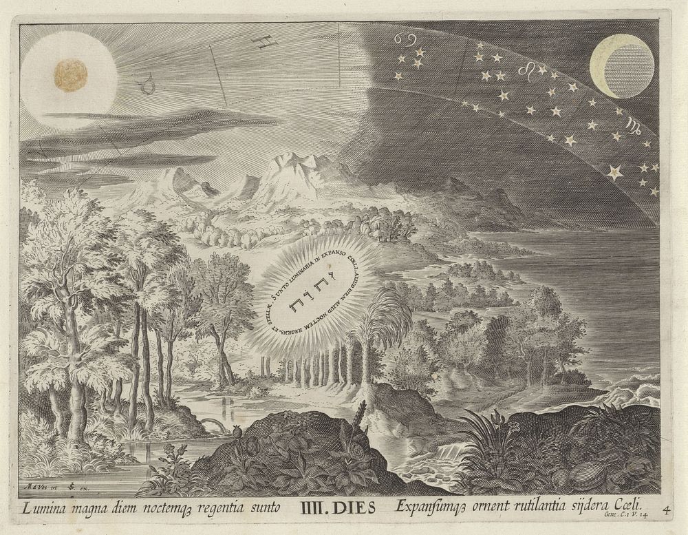 Schepping van de zon, de maan en de sterren (1639) by Johann Sadeler I, anonymous, Maerten de Vos and Claes Jansz Visscher II