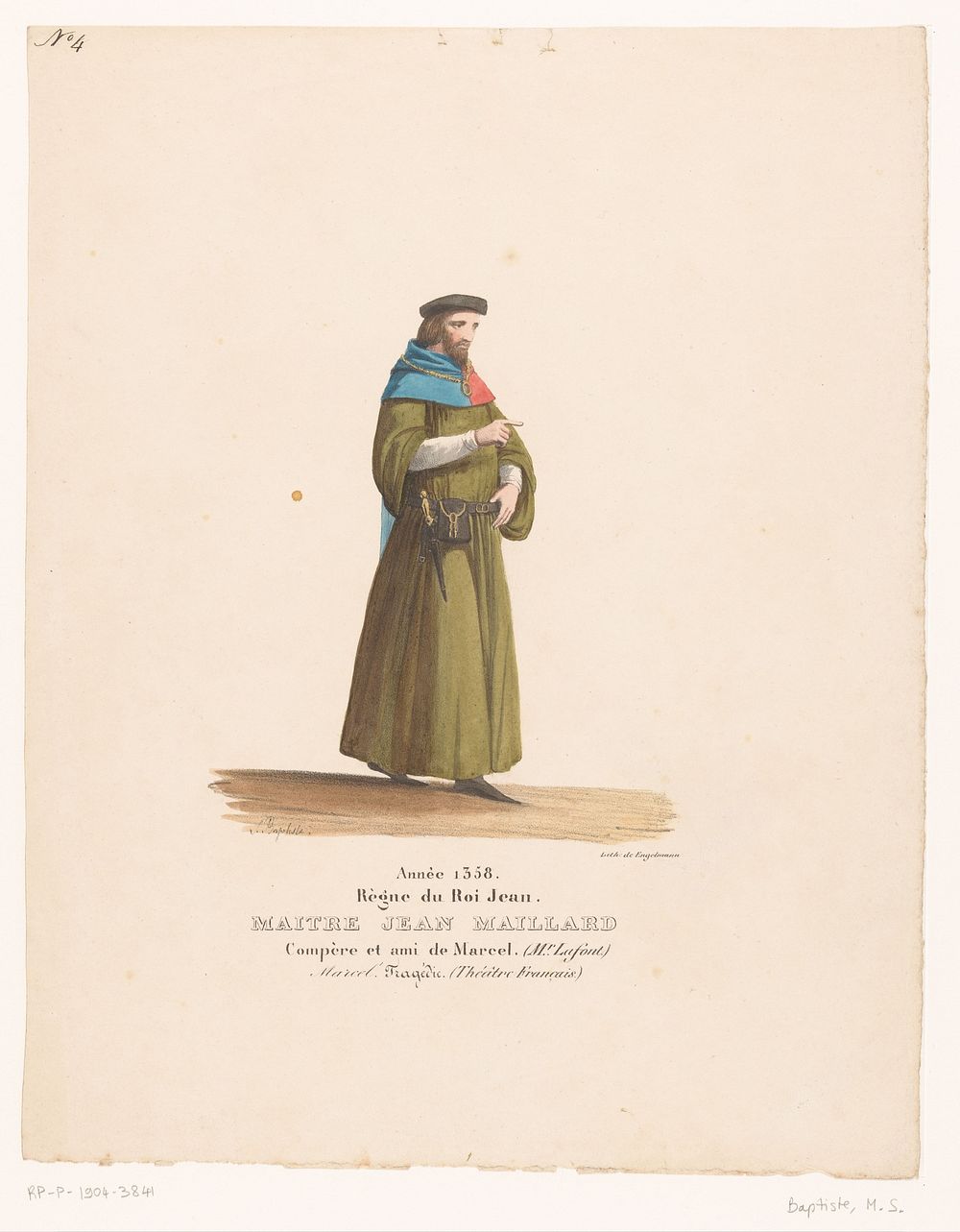 Kostuum van Jean de Maillard uit de tragedie Marcel (1827) by Martin Sylvestre Baptiste, Henri Duponchel, Jean Alaux and…