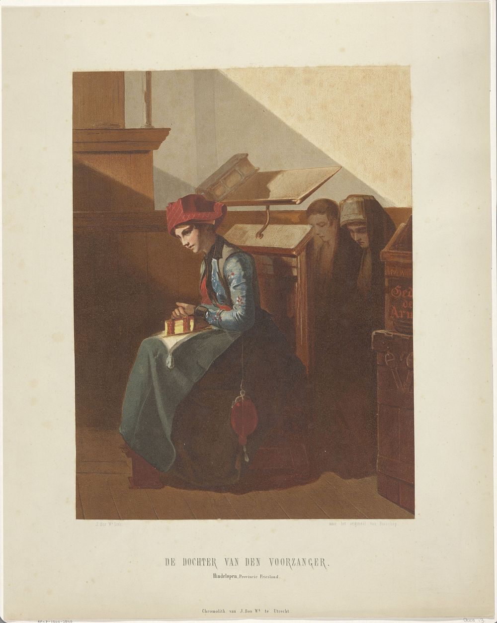 Hindeloopen vrouw in kerkinterieur (1842 - 1897) by Jan Bos Wz and Christoffel Bisschop