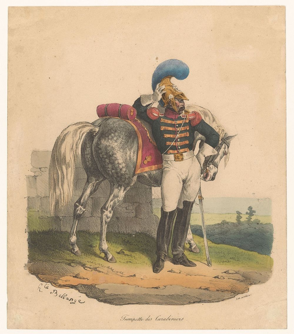 Trompetter van de karabiniers met paard (1818 - 1852) by Hippolyte Bellangé and François Jean Villain