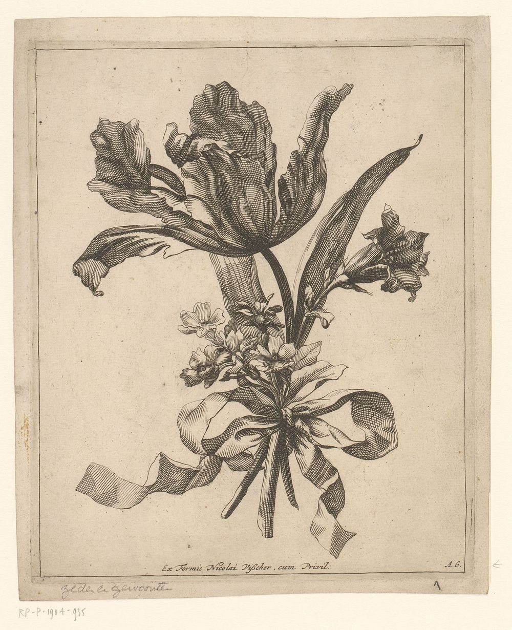 Tulp, boterbloemen en lelie in boeket (1679 - 1702) by anonymous and Nicolaes Visscher II