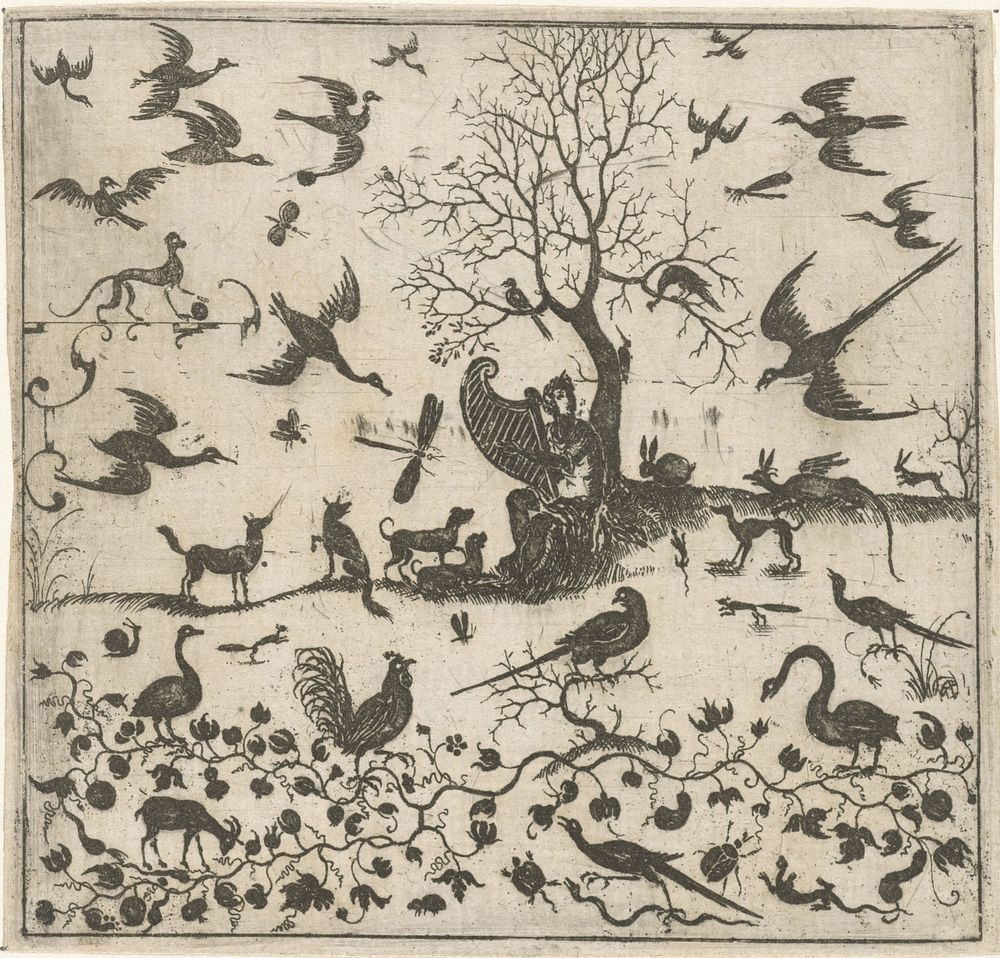Apollo zit met zijn lier tegen een kale boom (1617) by Esaias van Hulsen, Esaias van Hulsen and Esaias van Hulsen