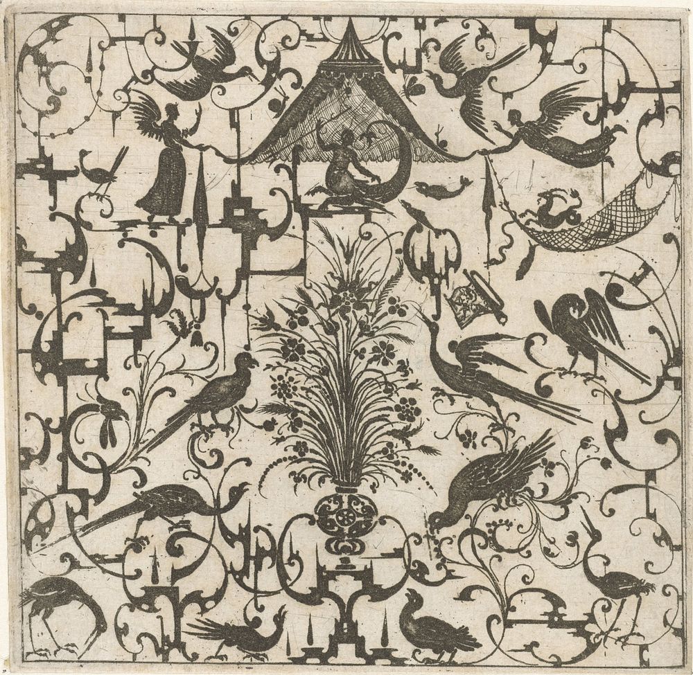 Schweifwerk met vogels en vaas met bloemen in het midden (1617) by Esaias van Hulsen, Esaias van Hulsen and Esaias van Hulsen