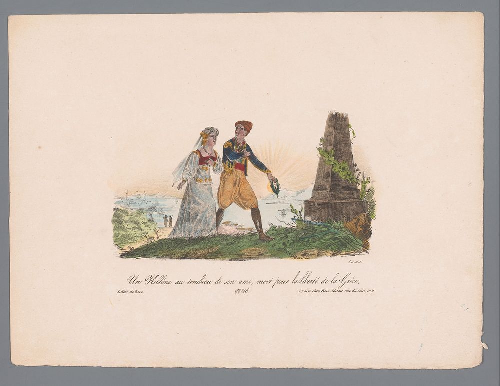 Griekse man en vrouw brengen een krans bij het graf van een verloren vriend (1829 - 1835) by Karl Loeillot Hartwig, Jean…