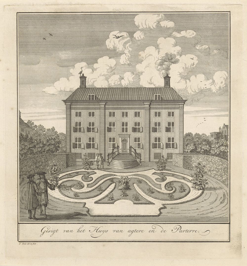 Gezicht op de achtergevel en de parterre de broderie van het Corvershof te Amsterdam (1723 - 1748) by Jan Smit I, Jan Smit…