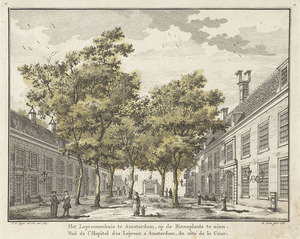 Gezicht op de binnenplaats van het Leprozenhuis te Amsterdam (1768) by Willem Writs and Jan de Beijer