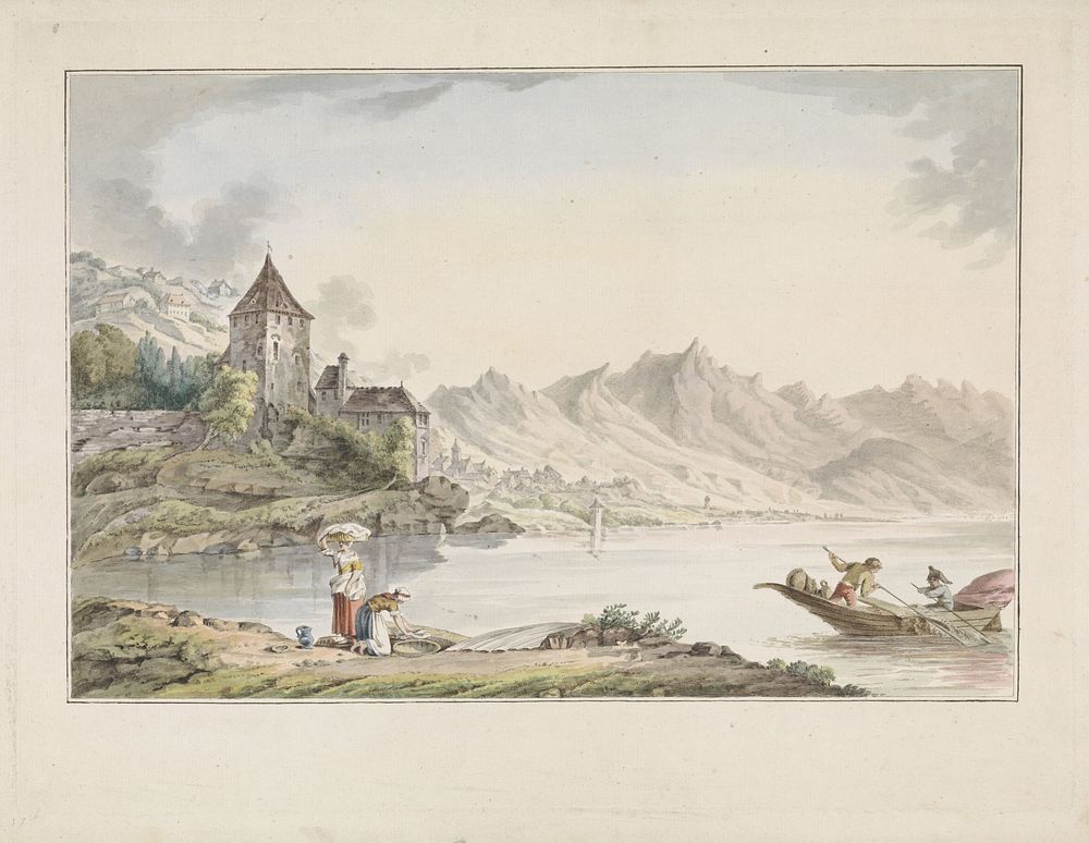 Gezicht op een kerk aan een meer te Zwitserland (1792) by Jan Gerard Waldorp and Michel Vincent Brandoin